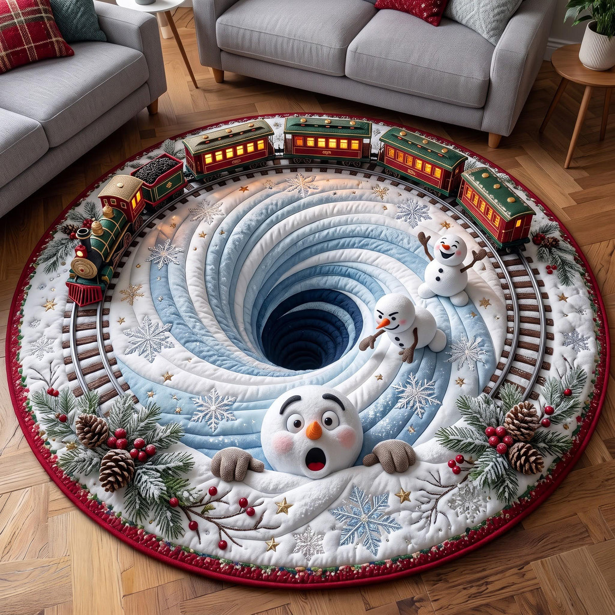 Snowman Railway Round Mat Rug - Seasonal Design | Festive Home Decor - washable non-slip printed rug