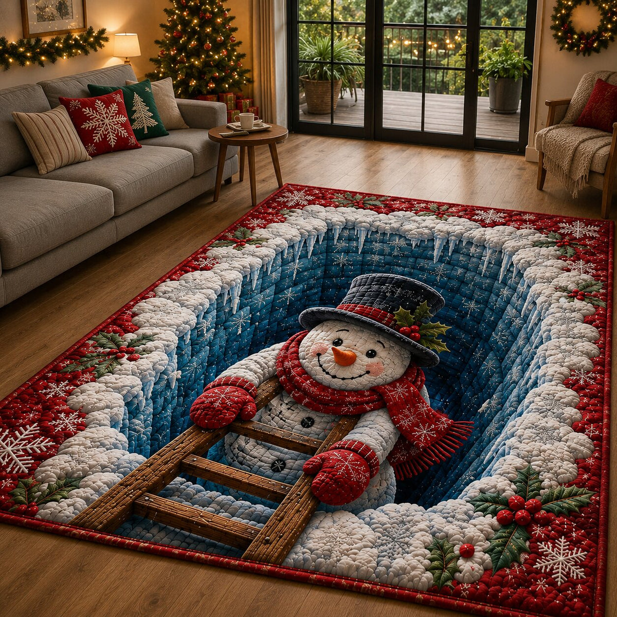 Snowman Season area rug in a living room