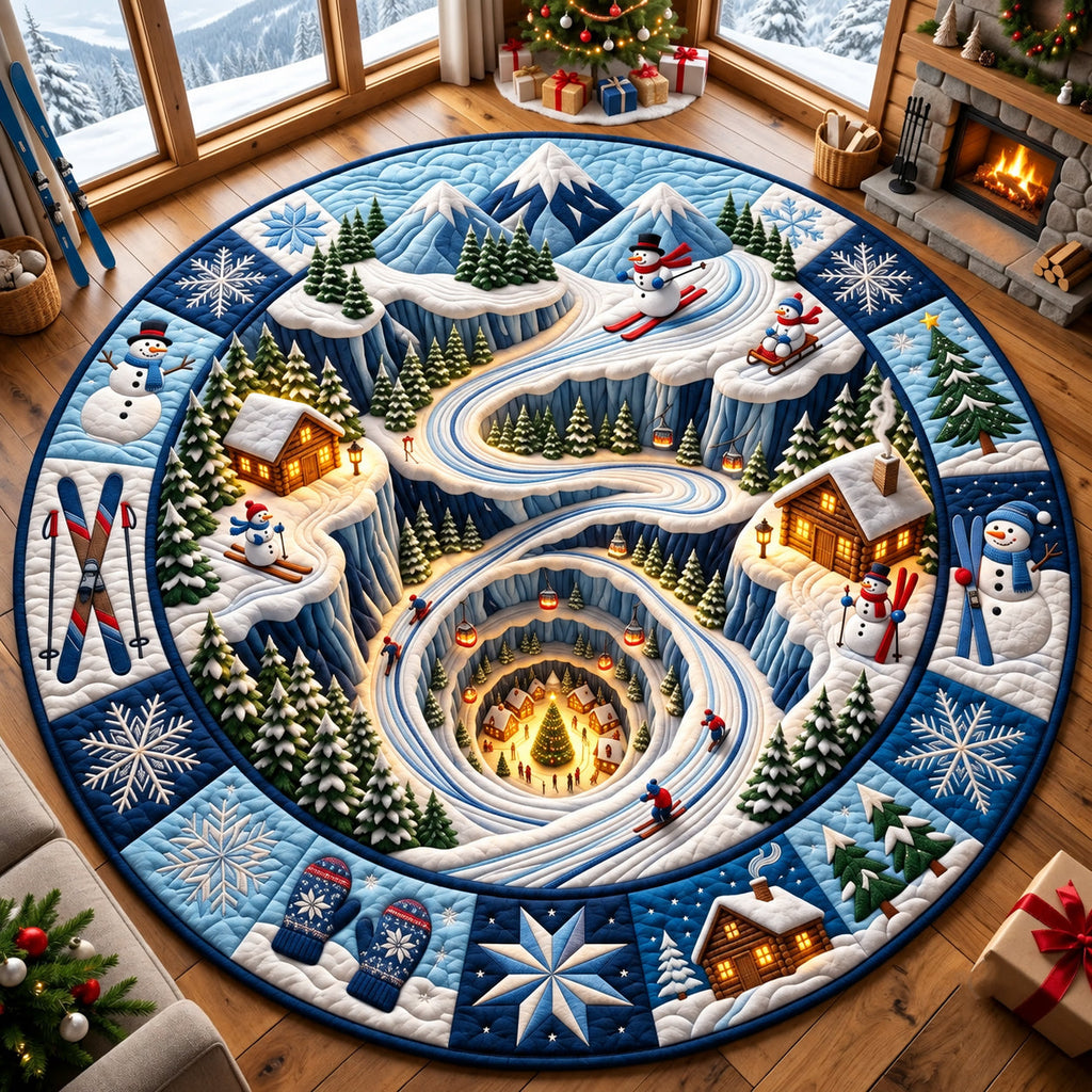 Snowman Ski Village Descent Round Mat Rug - Seasonal Design | Festive Home Decor - washable non-slip printed rug