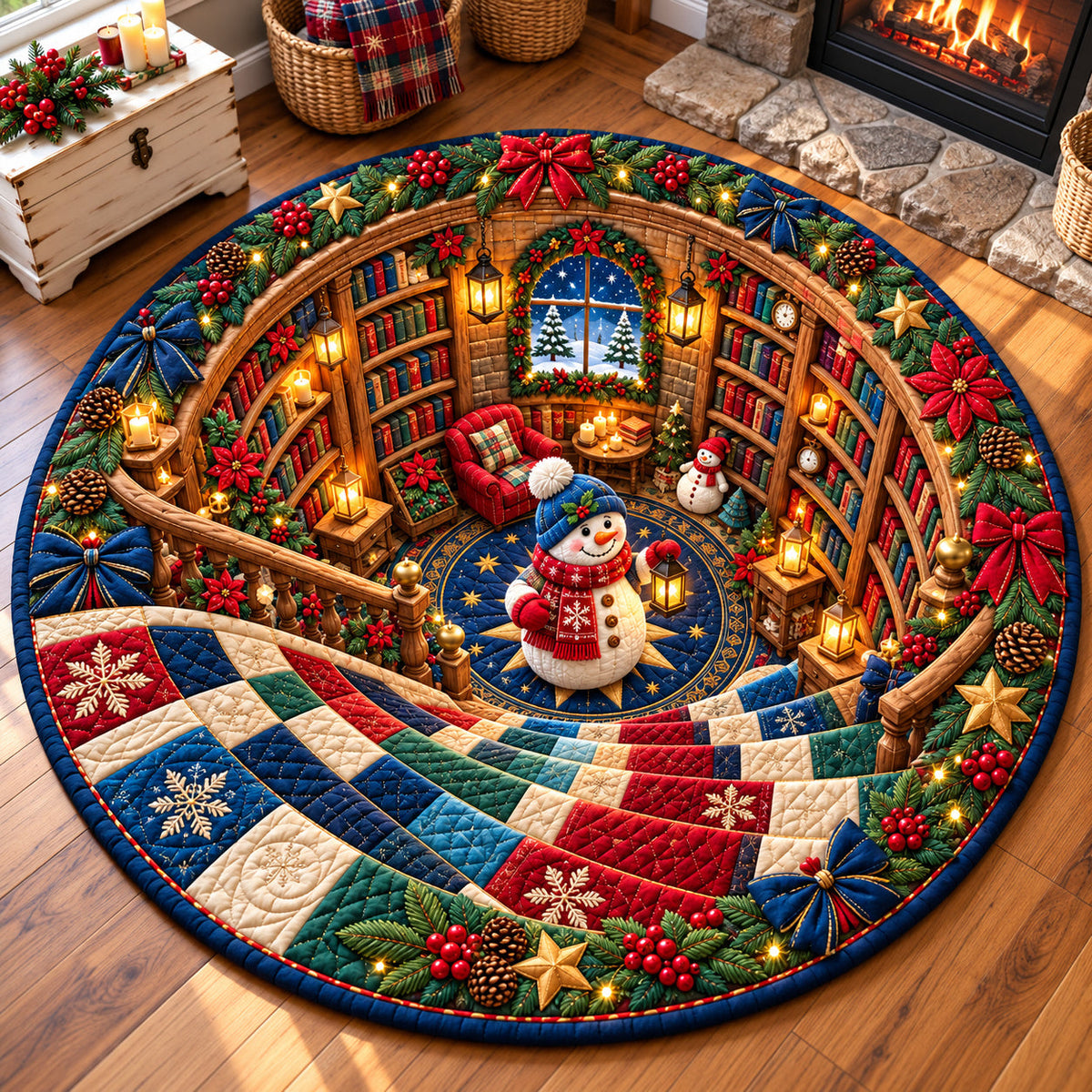 Snowman Snowy Journey Round Mat Rug - Seasonal Design | Festive Home Decor - washable non-slip printed rug