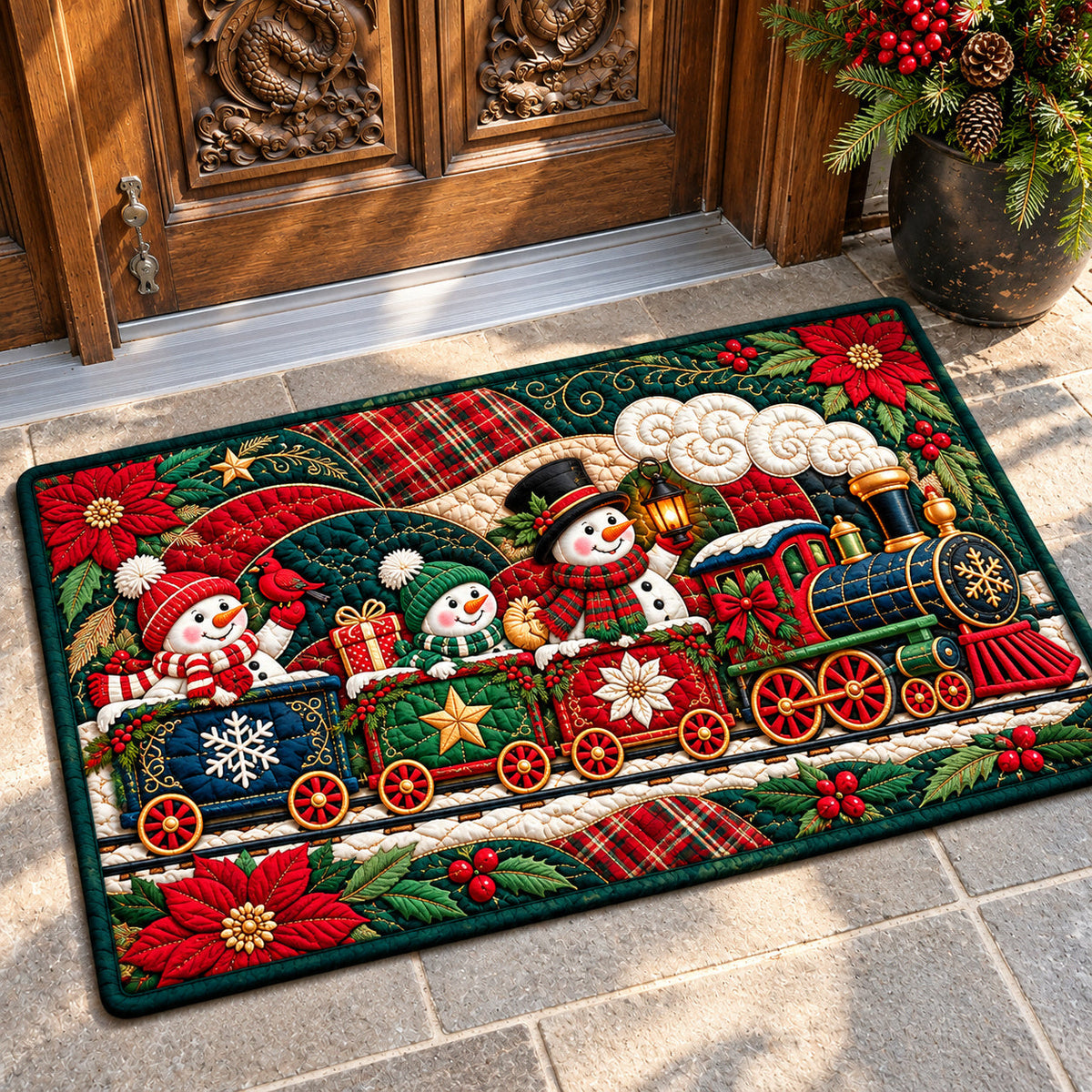 Snowman Train Doormat - Seasonal Design | Printed Welcome Doormat - washable non-slip printed rug