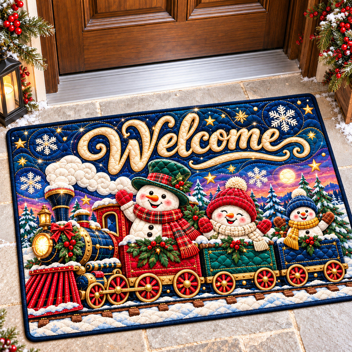 Snowman Welcome Doormat - Seasonal Design | Printed Welcome Doormat - washable non-slip printed rug