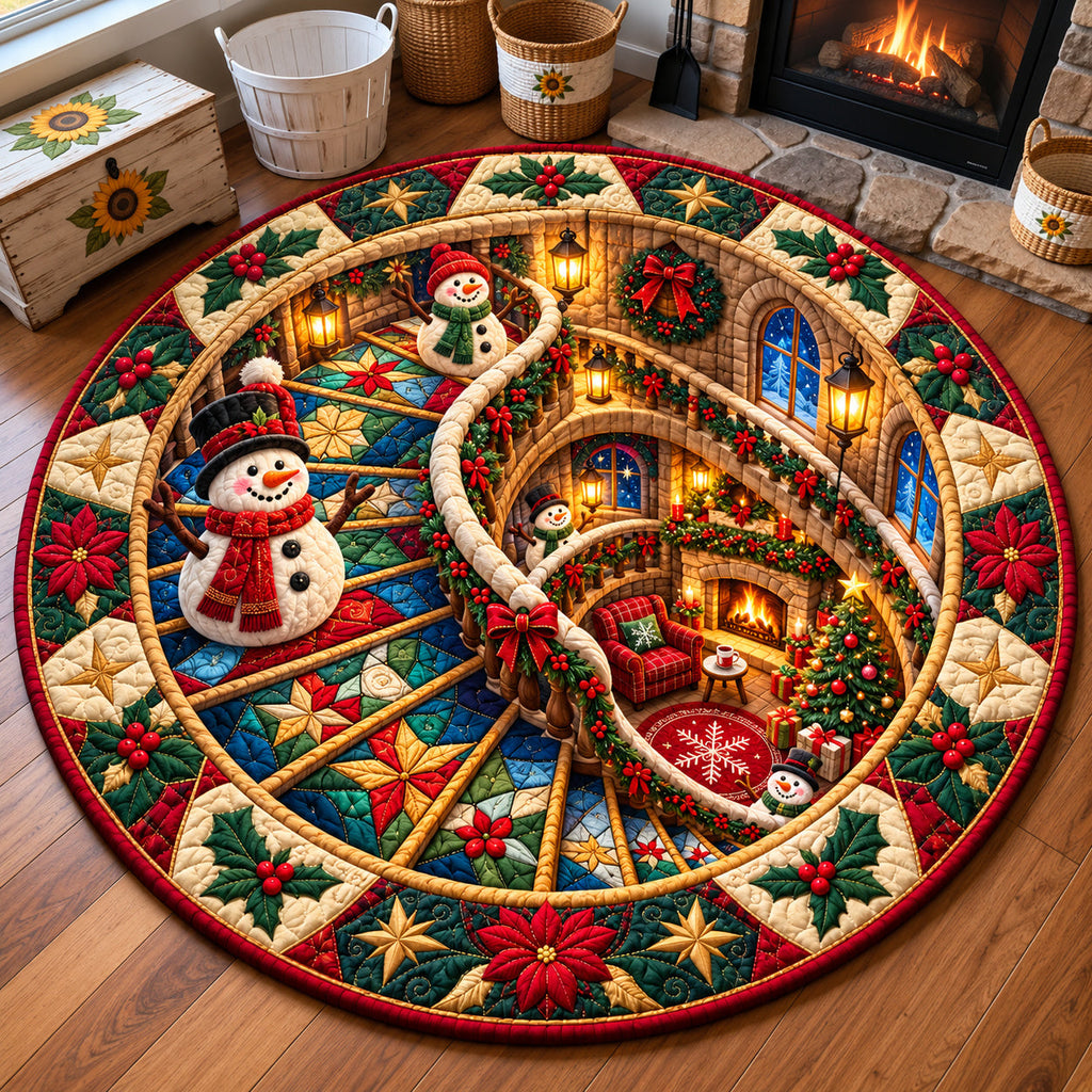Snowman Winter Day Round Mat Rug - Seasonal Design | Festive Home Decor - washable non-slip printed rug