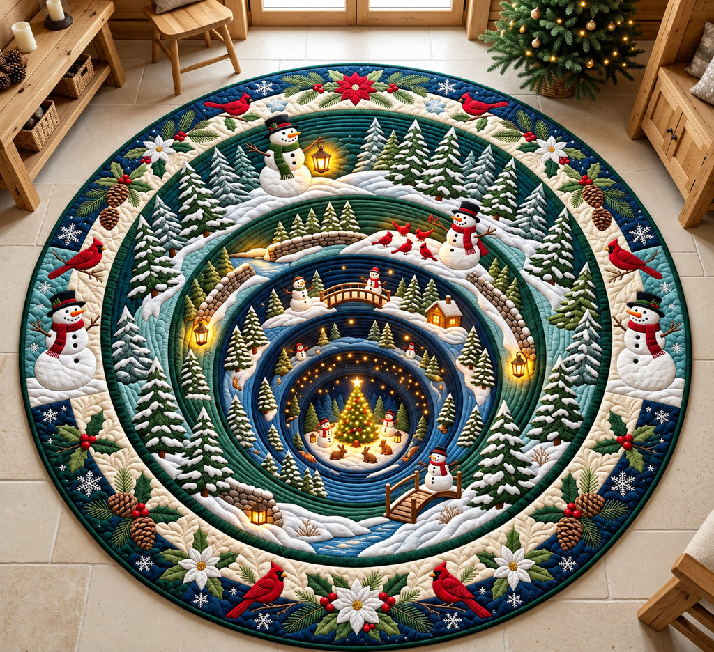 Snowman Winter Forest Round Mat Rug - Seasonal Design | Festive Home Decor - washable non-slip printed rug