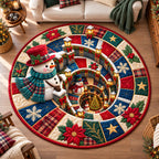 Snowman Winter Lodge Round Mat Rug - Seasonal Design | Festive Home Decor - washable non-slip printed rug
