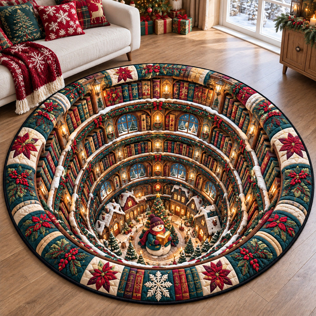 Snowman Winter Village Round Mat Rug - Seasonal Design | Seasonal Round Rug - washable non-slip printed rug