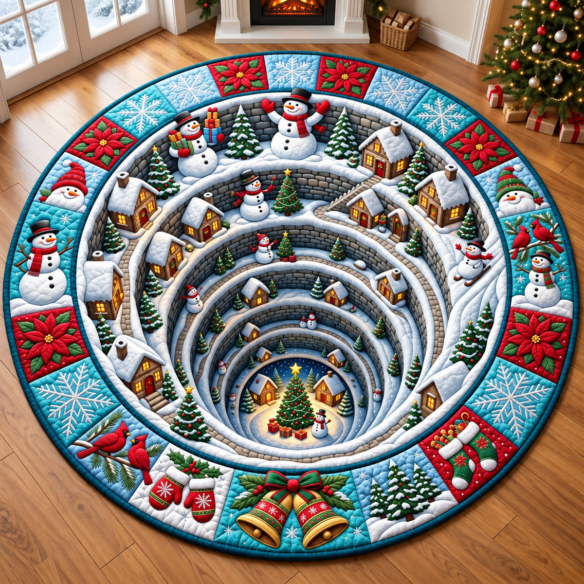Snowman Winter Village Round Mat Rug - Seasonal Design | Festive Home Decor - washable non-slip printed rug