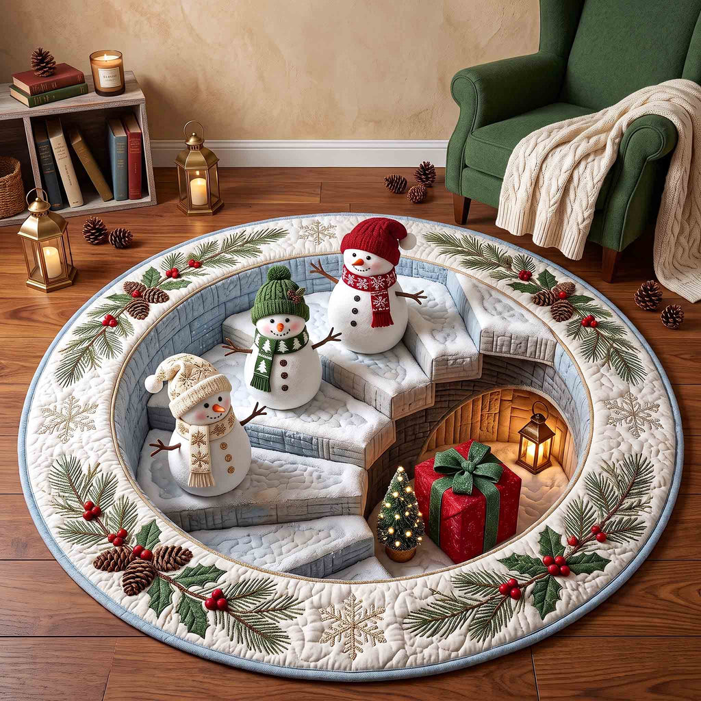 Snowman Wonderland Round Mat Rug - Seasonal Design | Festive Home Decor - washable non-slip printed rug