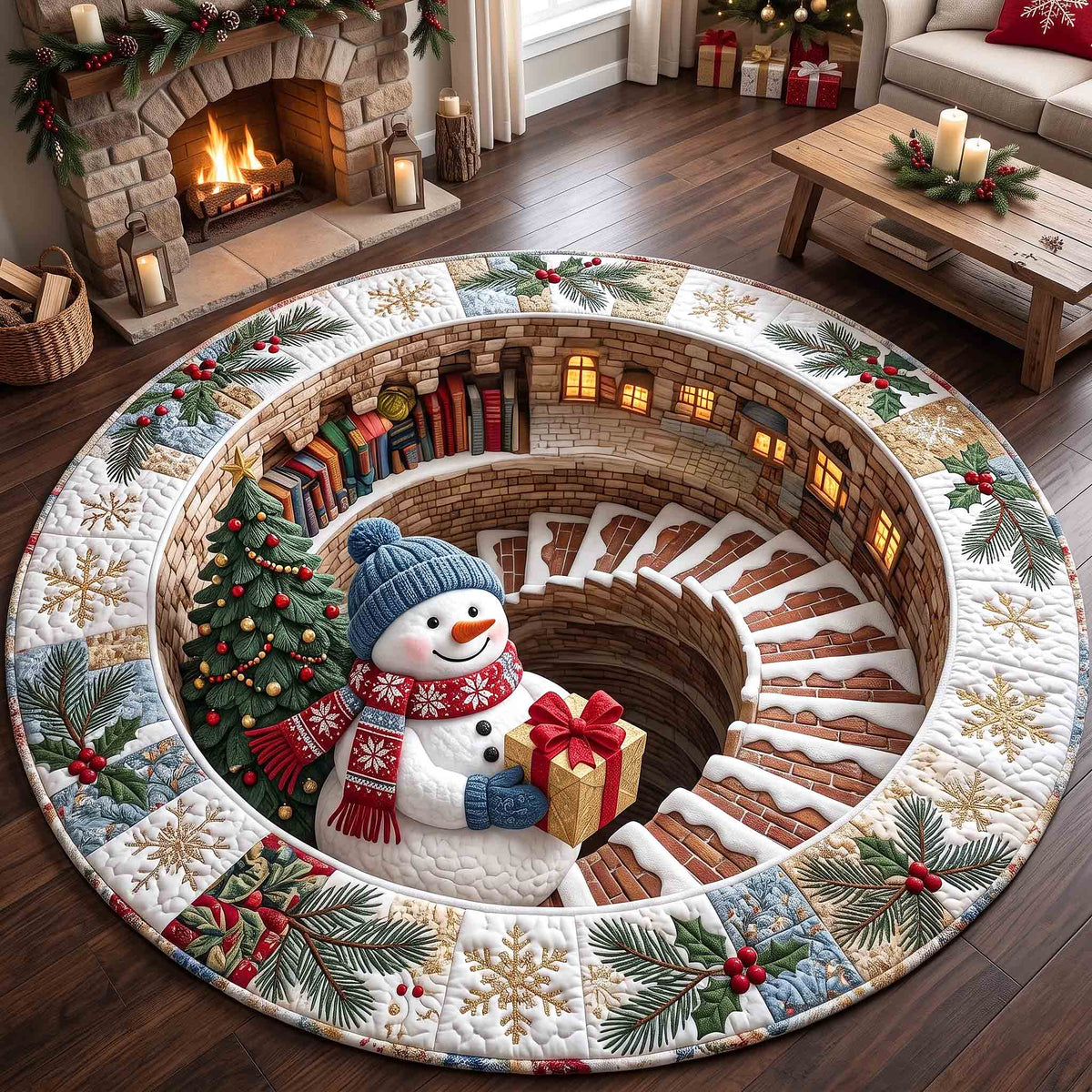 Snowman Wonderland Round Mat Rug - Seasonal Design | Seasonal Round Rug - washable non-slip printed rug