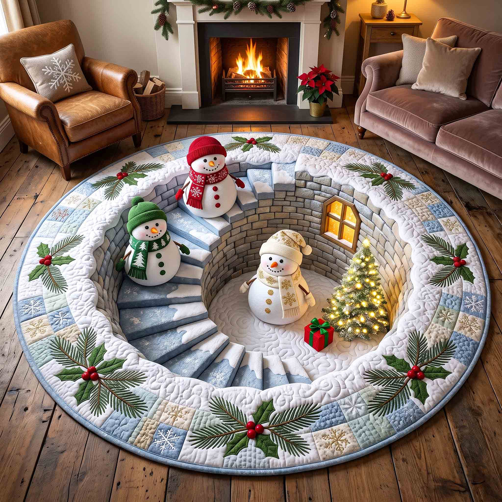 Snowman Wonderland Round Mat Rug - Seasonal Design | Seasonal Round Area Rug - washable non-slip printed rug