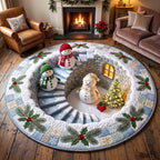 Snowman Wonderland Round Mat Rug - Seasonal Design | Seasonal Round Area Rug - washable non-slip printed rug
