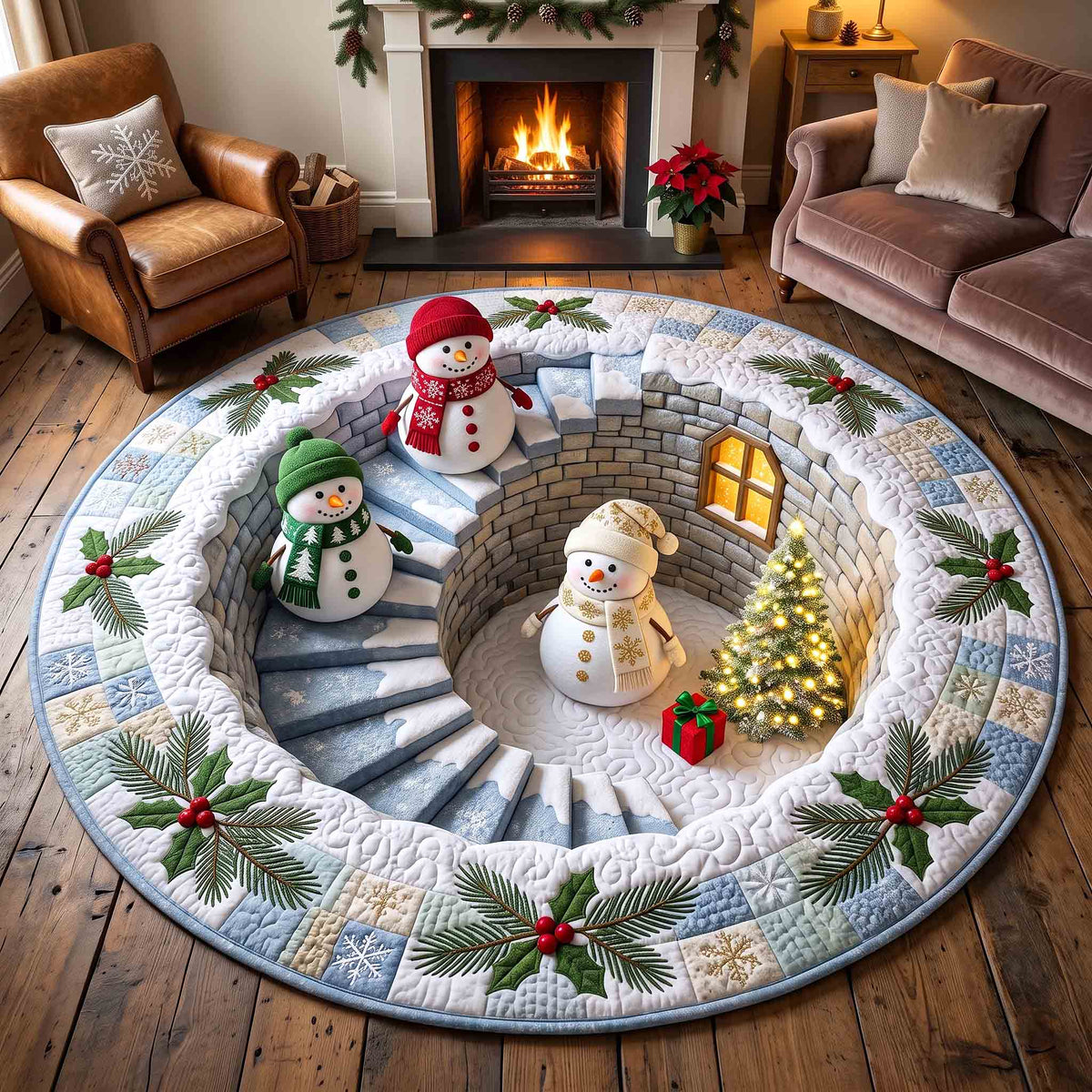 Snowman Wonderland Round Mat Rug - Seasonal Design | Seasonal Round Area Rug - washable non-slip printed rug