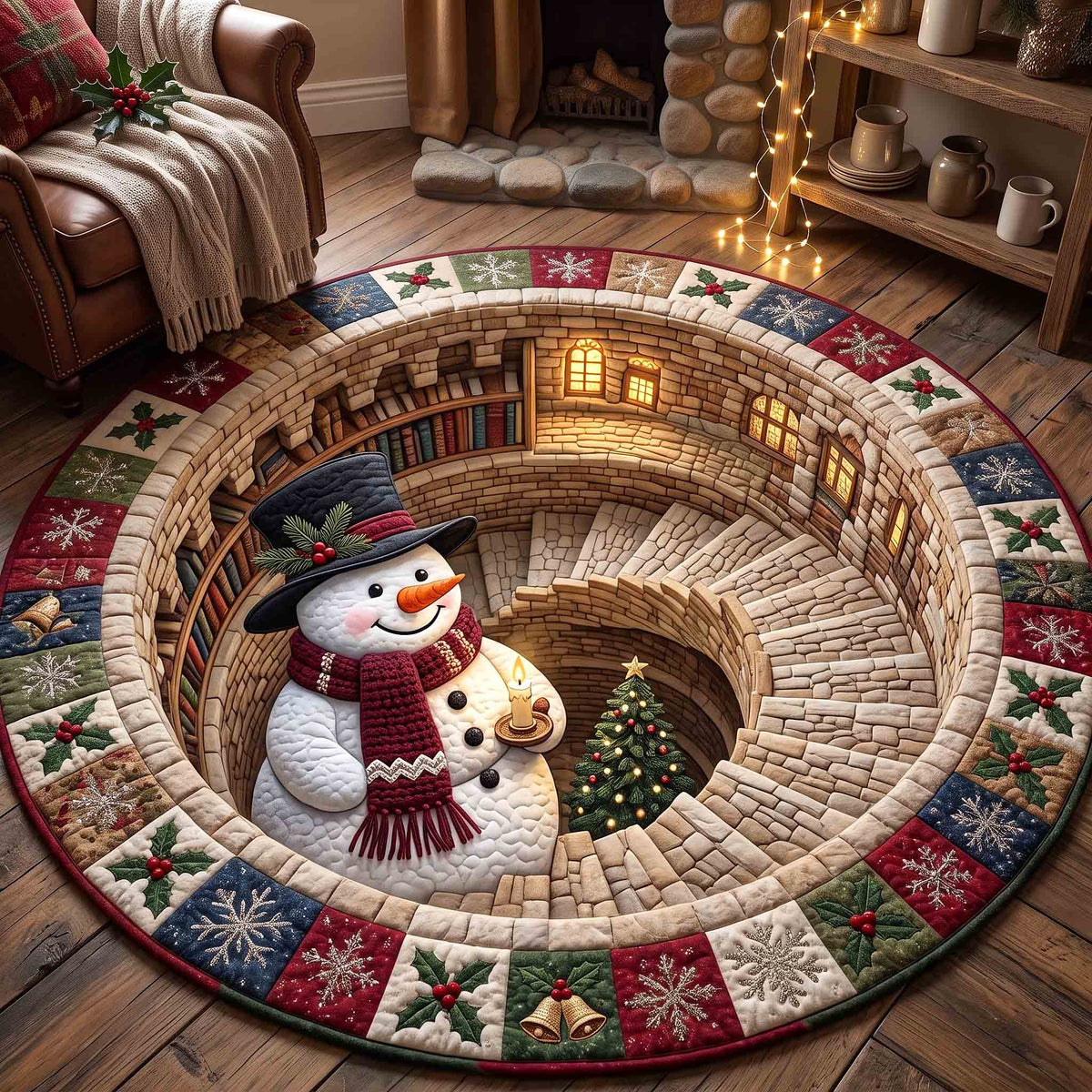 Snowman Wonderland Round Mat Rug - Seasonal Design | Seasonal Circle Rug - washable non-slip printed rug
