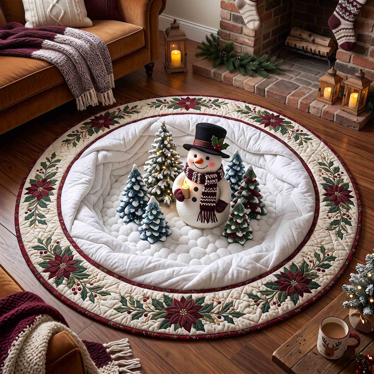 Snowman Wonderland Round Mat Rug - Seasonal Design | Seasonal Round Living Room Rug - washable non-slip printed rug