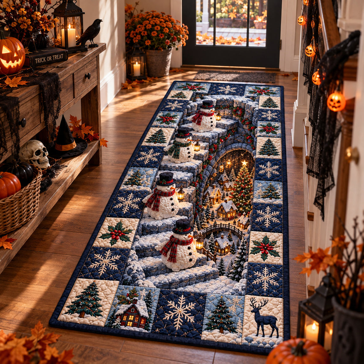 Snowmen Pathway Runner Rug - Nature Design | Serene Runner Rug - washable non-slip printed rug