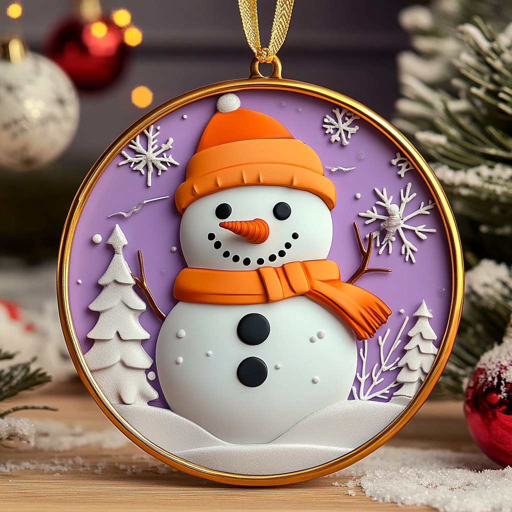 Orange Beanie Snowman Purple Christmas Ornament