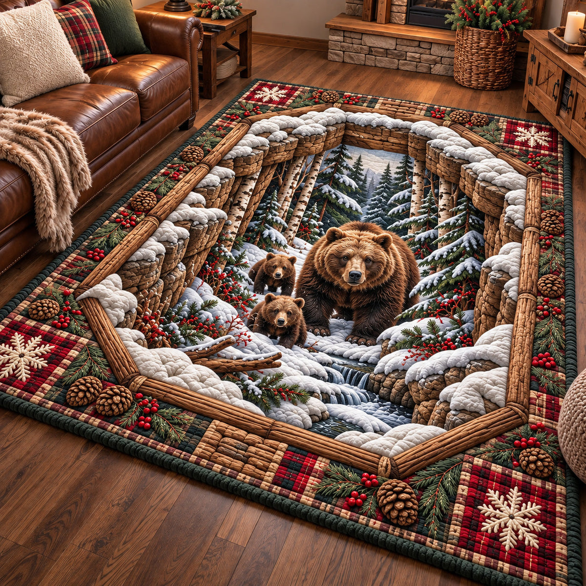 Snowy Bear Family area rug in a living room