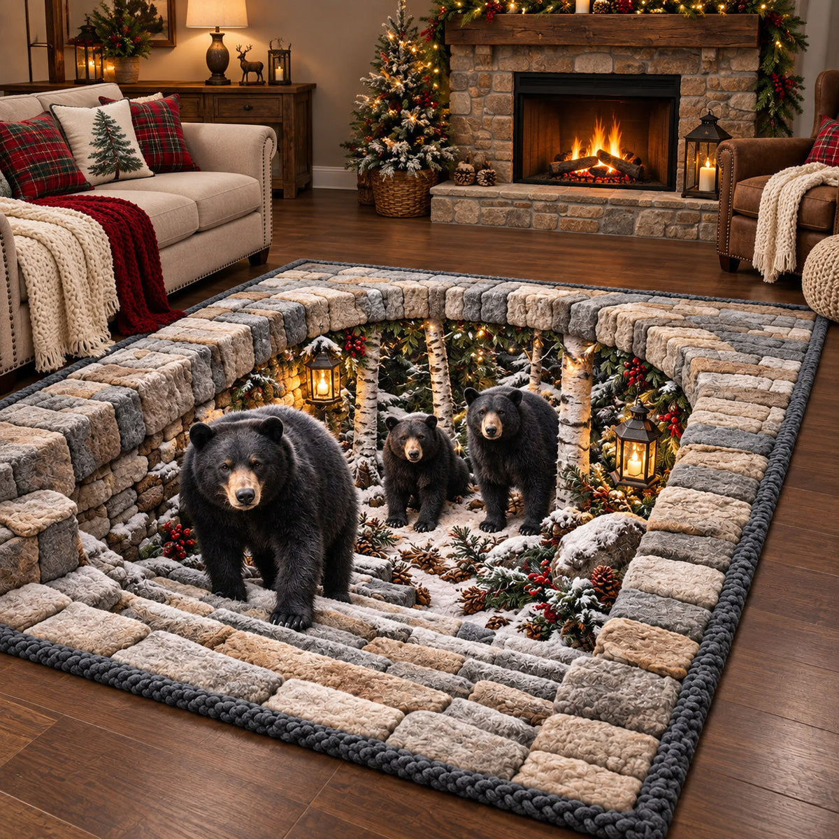 Snowy Bear Steps area rug in a living room