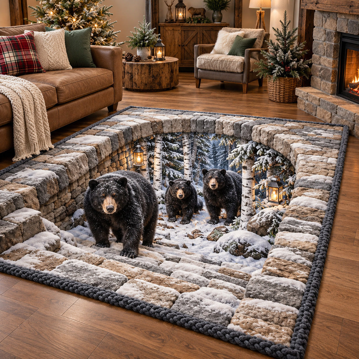 Snowy Bear Steps area rug in a living room
