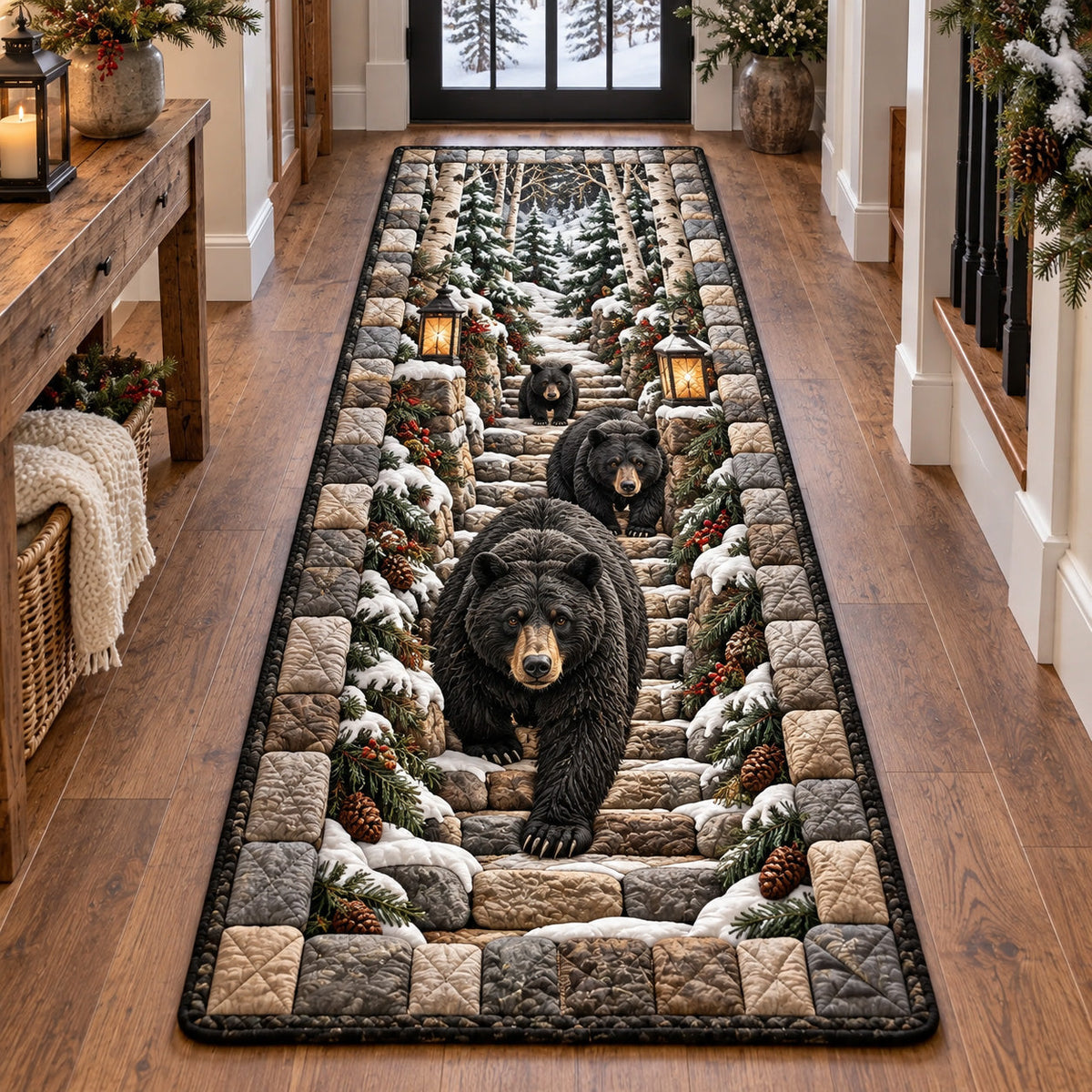 Snowy Bear Steps Runner Rug - Cute Animal Design | Charming Runner Rug - washable non-slip printed rug
