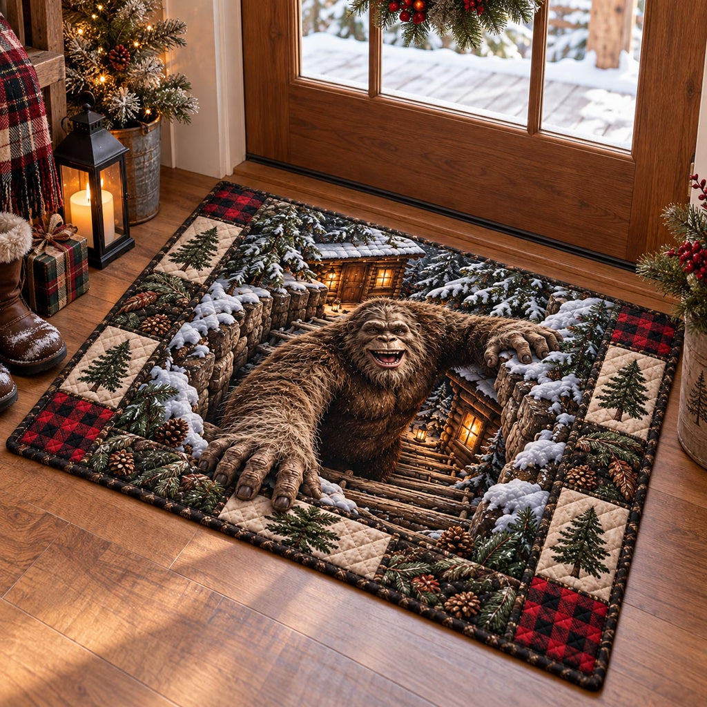 Snowy Bigfoot Hideaway Doormat - Nature Design | Printed Welcome Doormat - washable non-slip printed rug