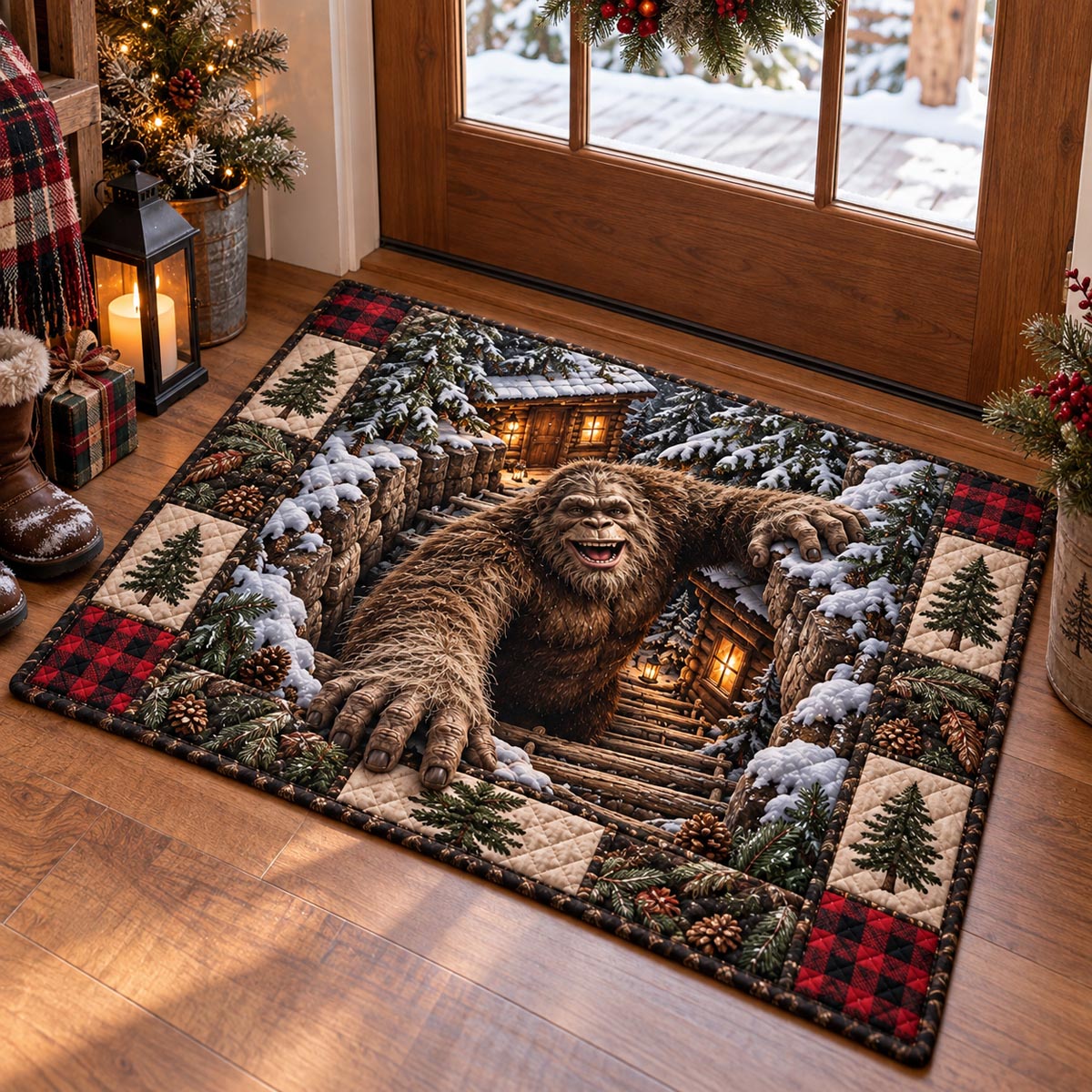 Snowy Bigfoot Hideaway Doormat - Nature Design | Printed Welcome Doormat - washable non-slip printed rug