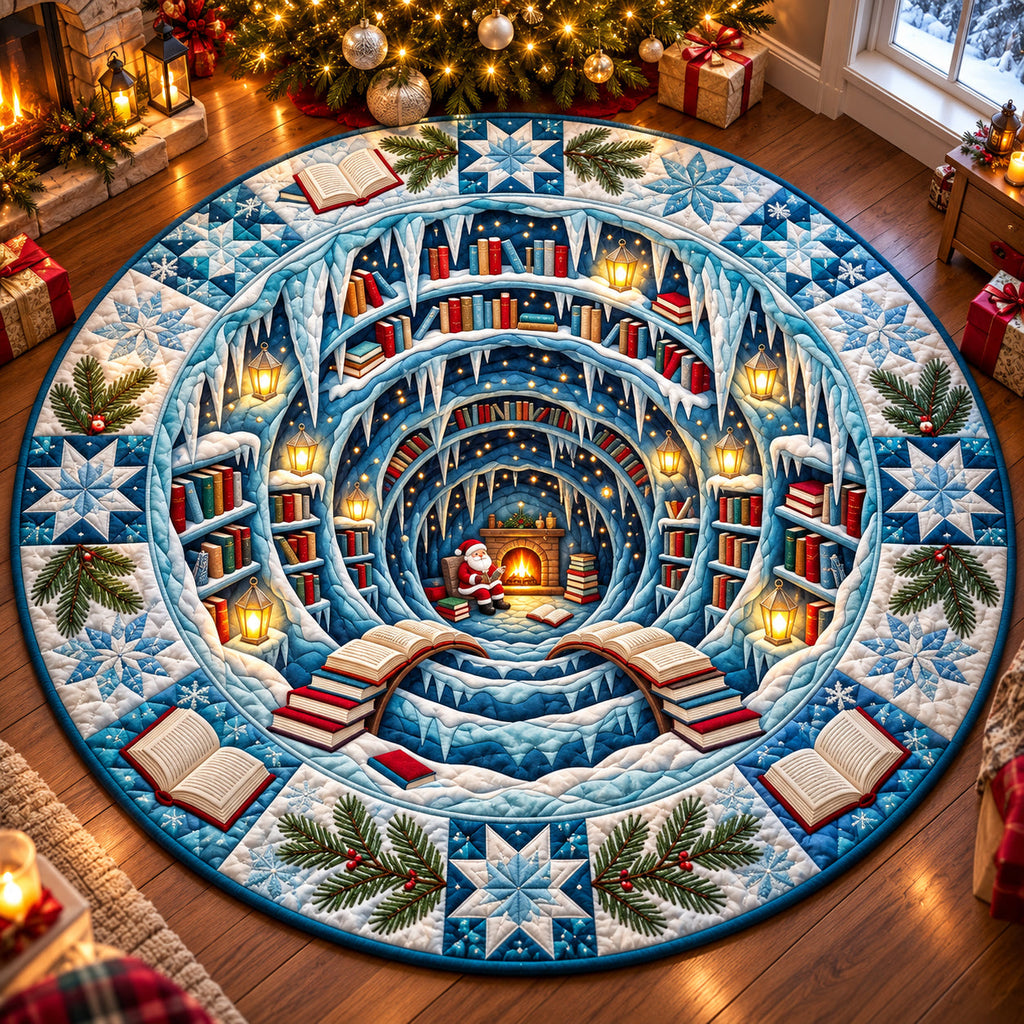 Snowy Book Haven Round Mat Rug - Nature Design | Serene Home Decor - washable non-slip printed rug