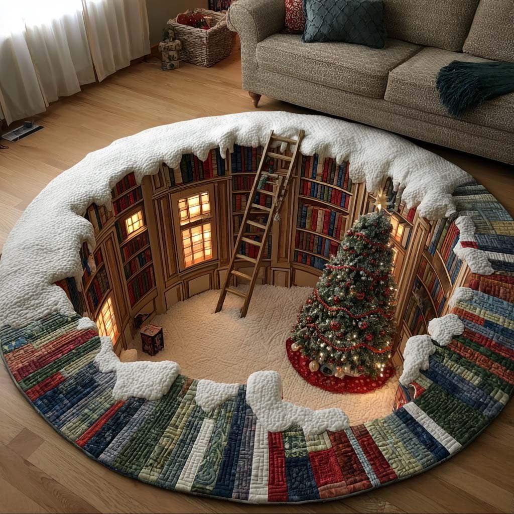 Snowy Book Stair Round Mat Rug - washable non-slip printed rug