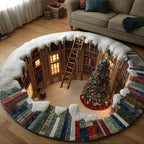 Snowy Book Stair Round Mat Rug - washable non-slip printed rug
