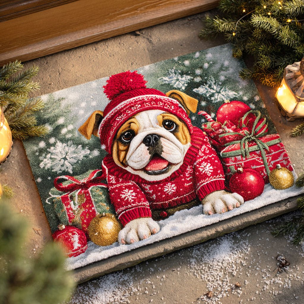 Snowy Bulldog Doormat - Seasonal Holiday Design | Printed Welcome Doormat