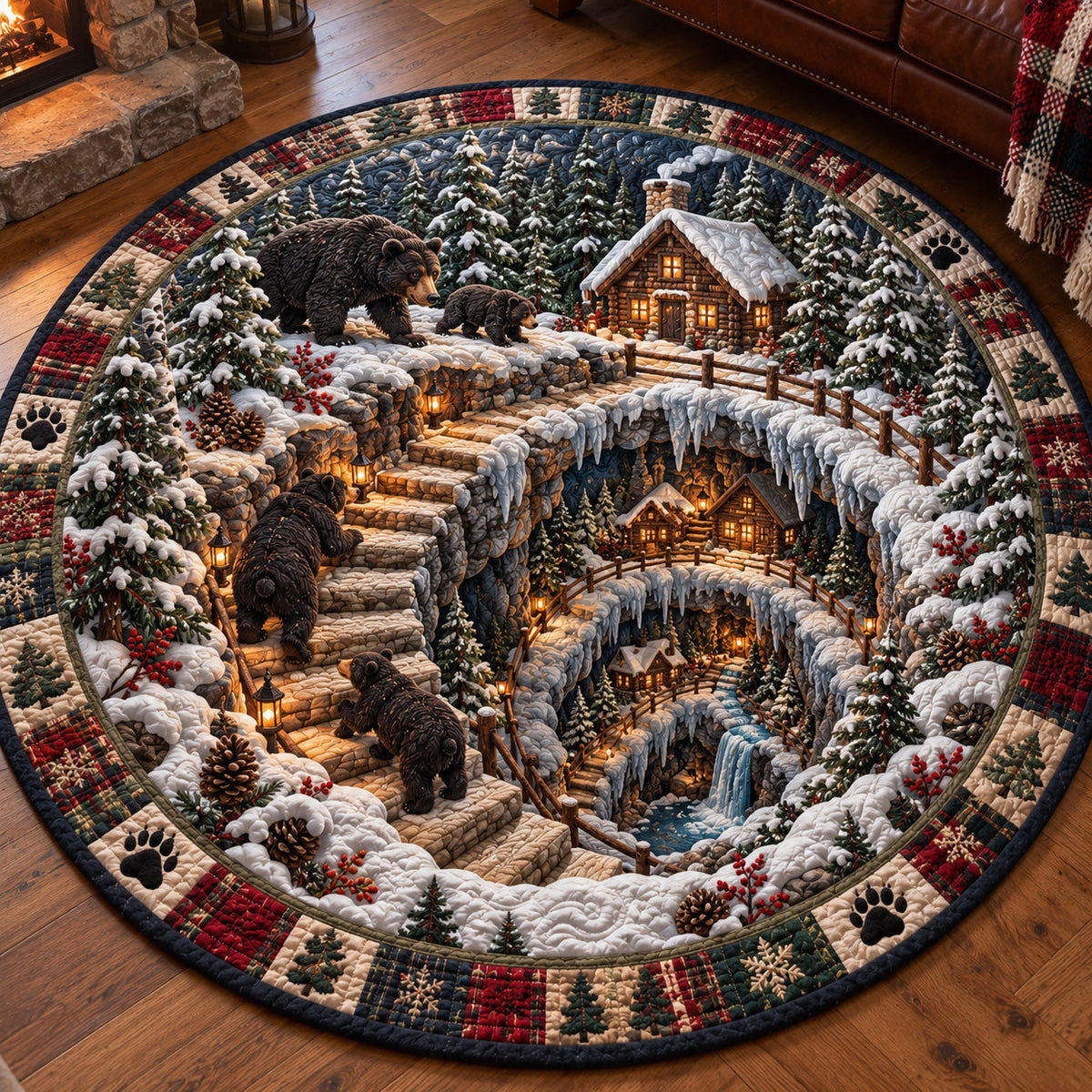 Snowy Canyon Bear Round Mat Rug - Cute Animal Design | Charming Home Decor - washable non-slip printed rug
