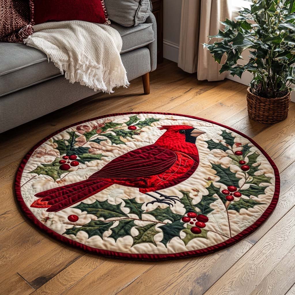 Snowy Cardinal Retreat Round Mat Rug - washable non-slip printed rug