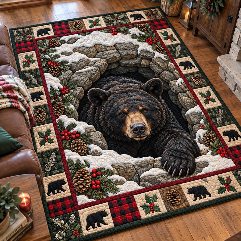 Snowy Cave Bear area rug in a living room