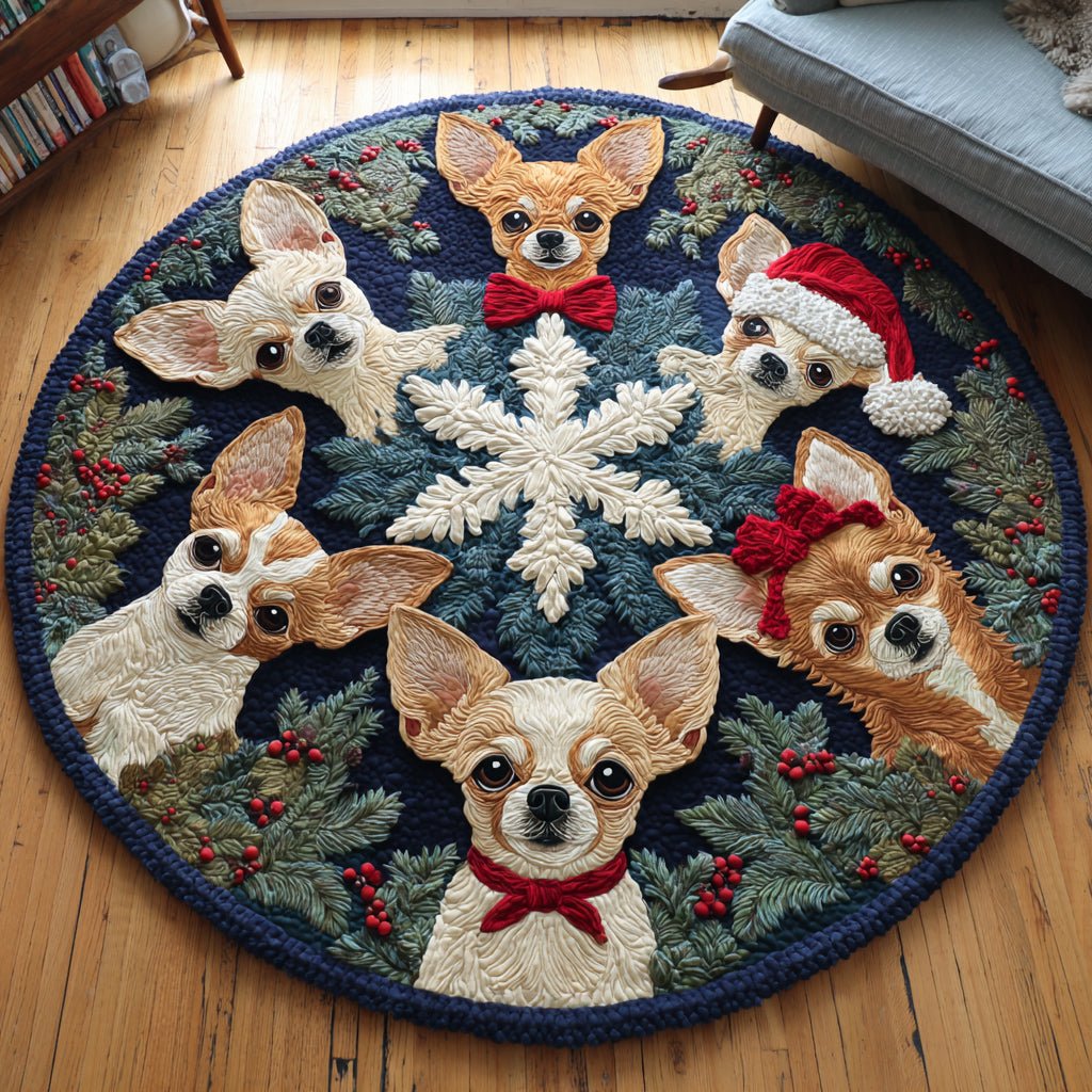 Snowy Chihuahua Round Mat Rug - washable non-slip printed rug