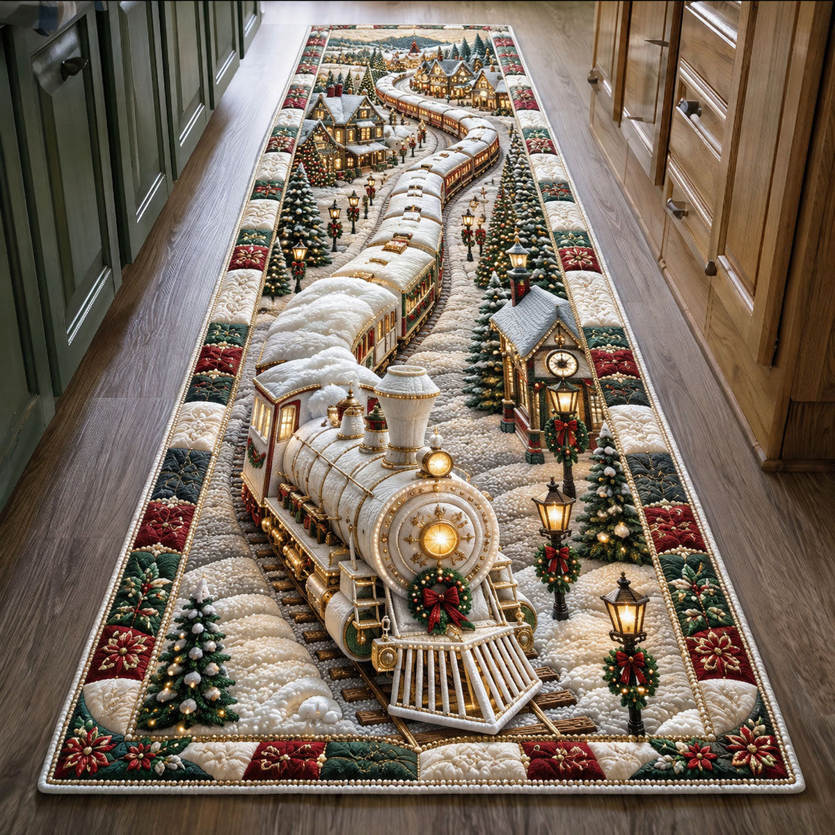 Snowy Christmas Train Runner Rug - Seasonal Design | Festive Runner Rug - washable non-slip printed rug