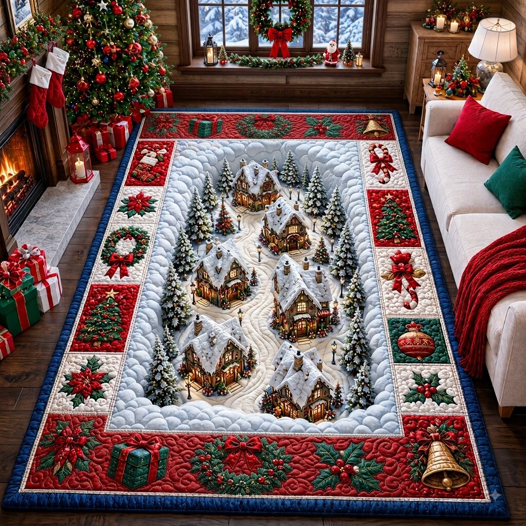 Snowy Christmas Village area rug in a living room