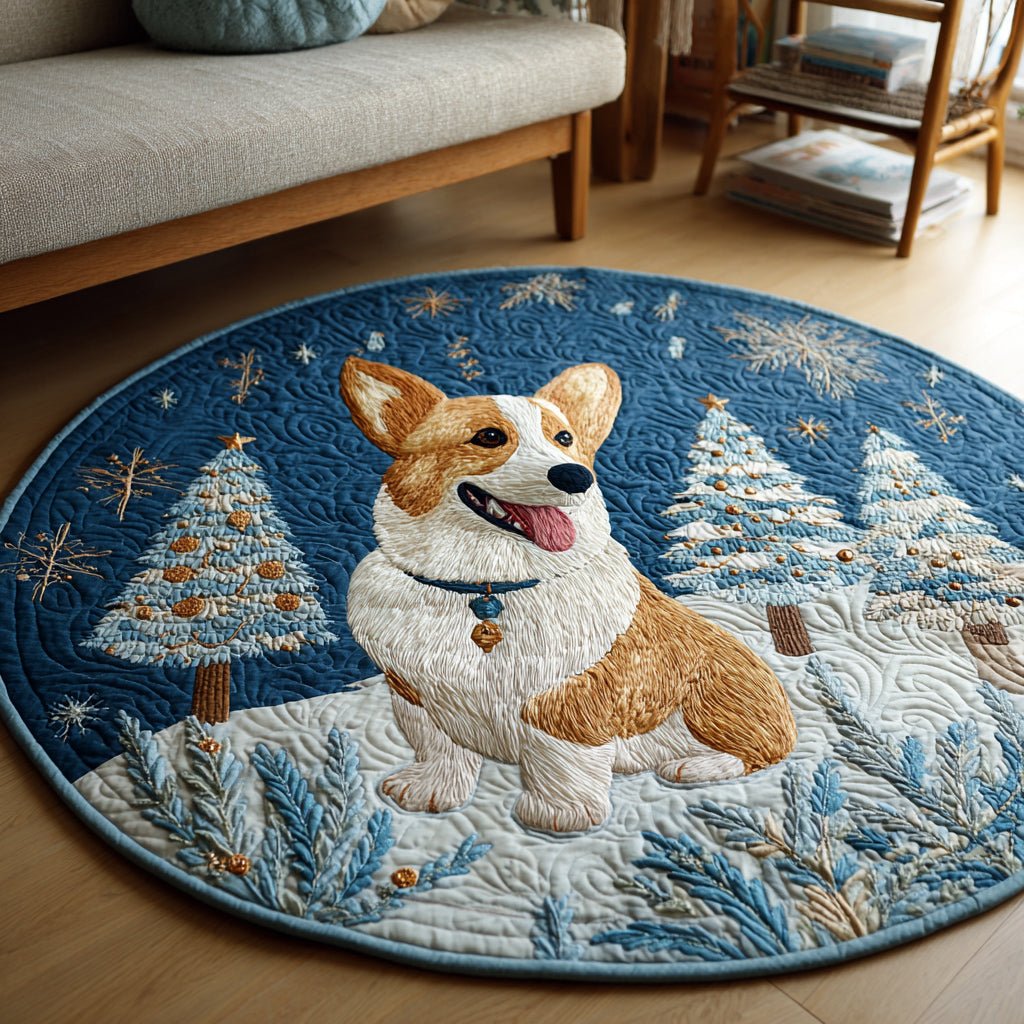 Snowy Corgi Scene Round Mat Rug - Cute Pet Design | Animal Printed Home Decor