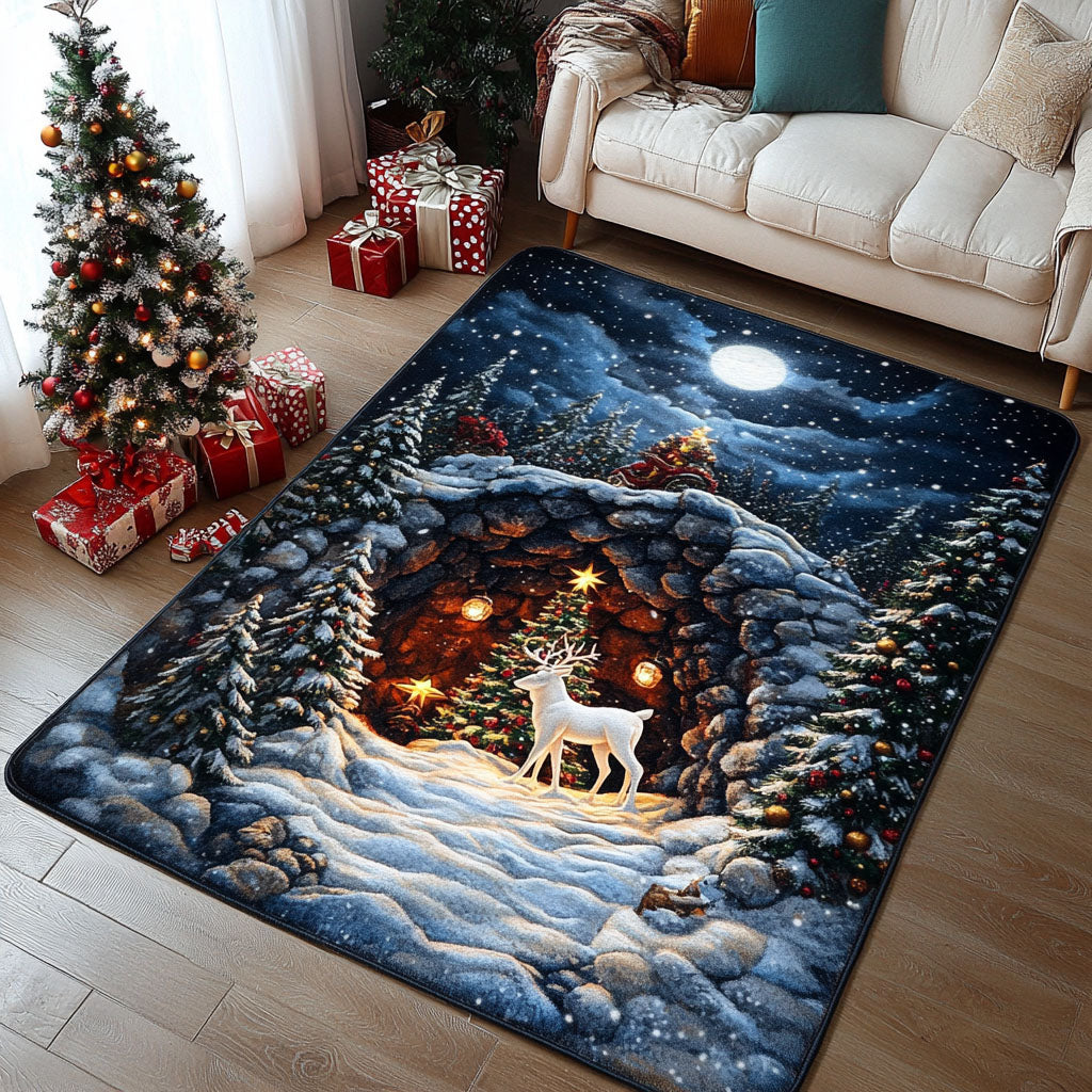 Snowy Evergreen Magic area rug in a living room