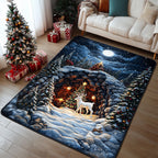 Snowy Evergreen Magic area rug in a living room