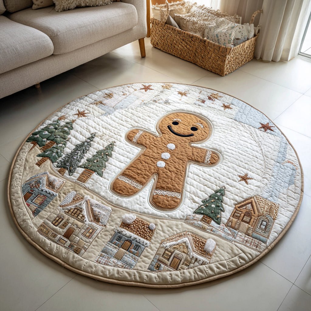 Snowy Gingerbread Round Mat Rug - washable non-slip printed rug