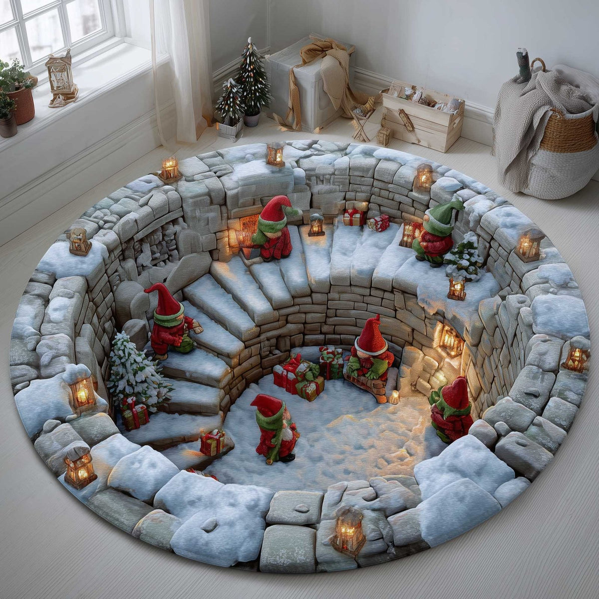 Snowy Gnome (Design 4) Round Mat Rug - washable non-slip printed rug