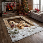 Snowy Golden Den area rug in a living room