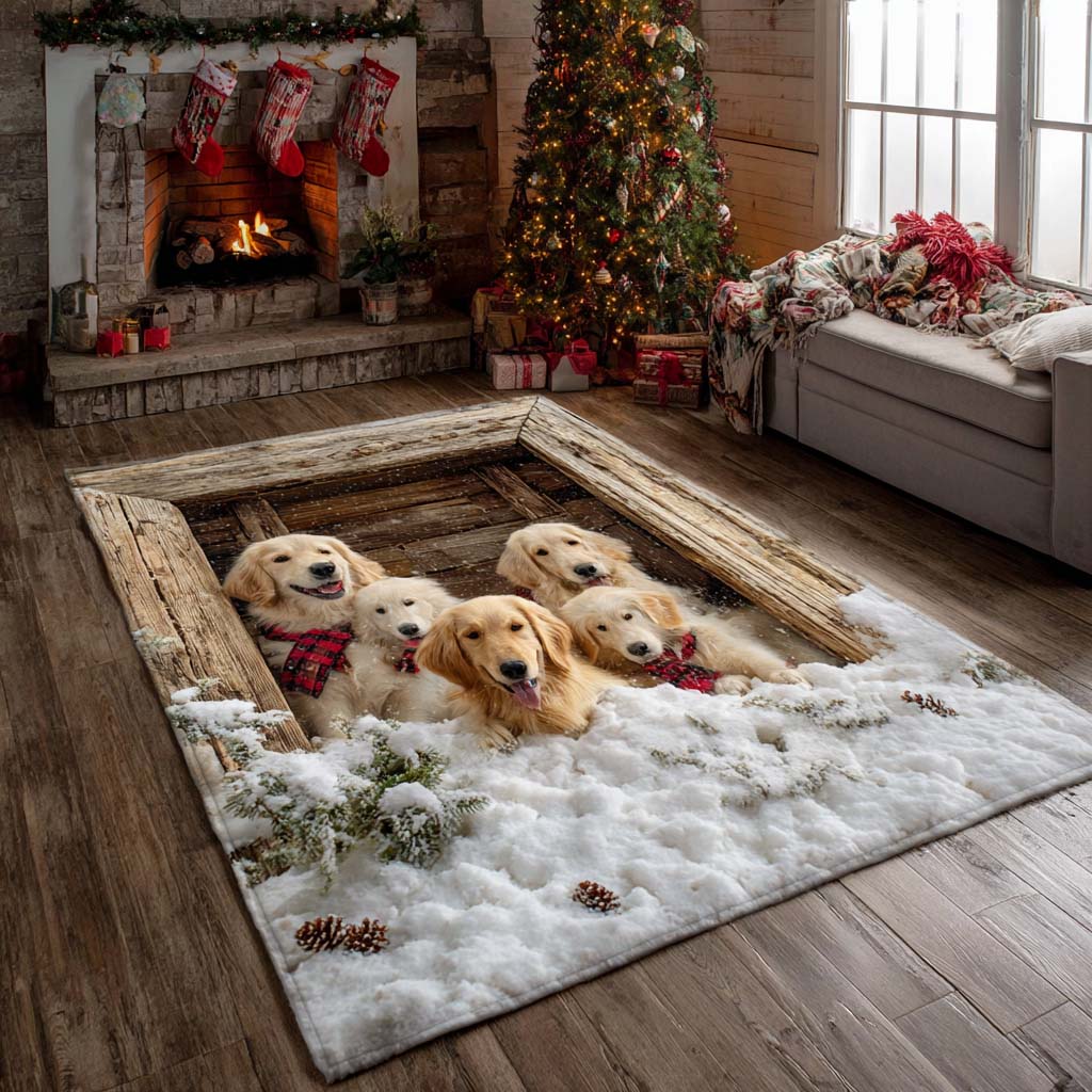 Snowy Golden Den area rug in a living room