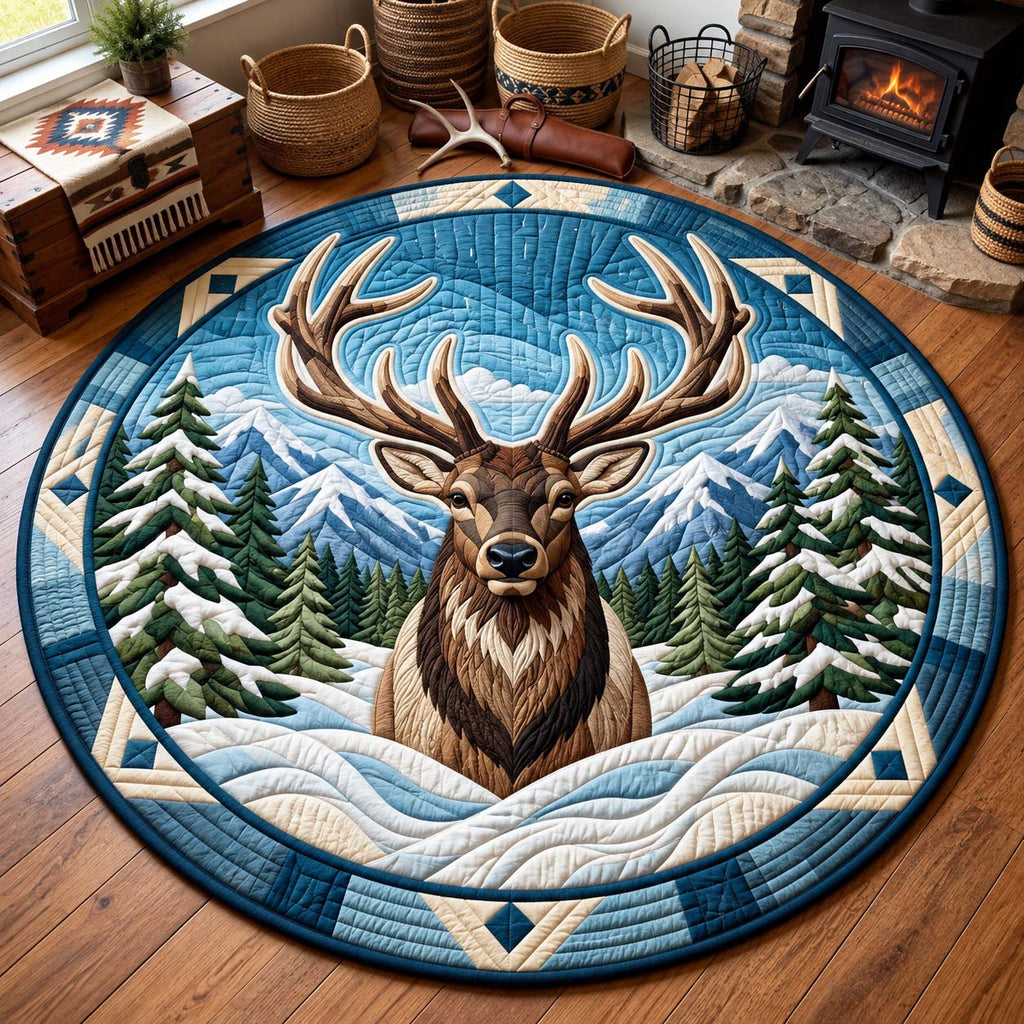 Snowy Mountain Elk Round Mat Rug - Nature Design | Serene Home Decor - washable non-slip printed rug