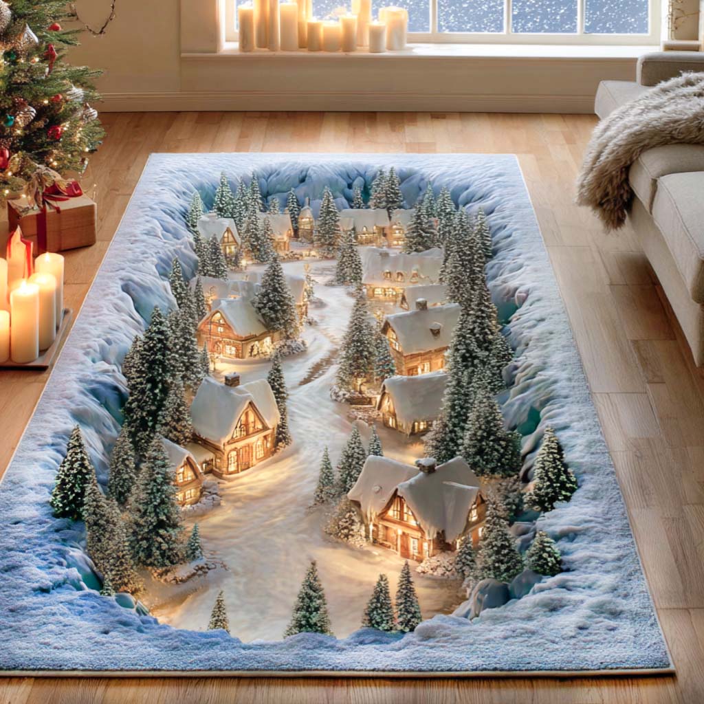 Snowy Path area rug in a living room