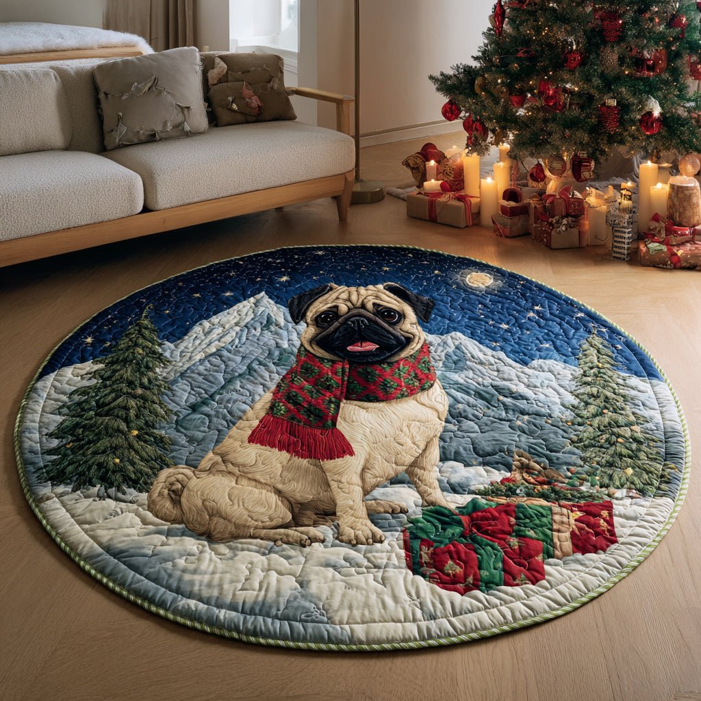 Snowy Pug Scarf Round Mat Rug - washable non-slip printed rug