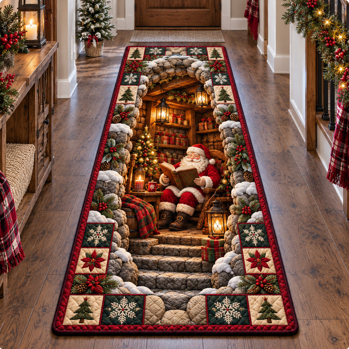Snowy Santa Cellar Runner Rug - Seasonal Design | Festive Runner Rug - washable non-slip printed rug