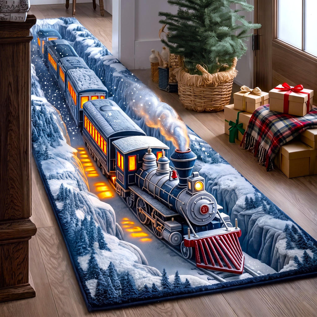 Snowy Train Runner Rug - Nature Design | Serene Runner Rug - washable non-slip printed rug