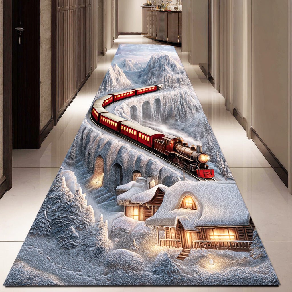 Snowy Train Trail Runner Carpet Runner Rug - Cute Pet Design | Animal Printed Runner Rug