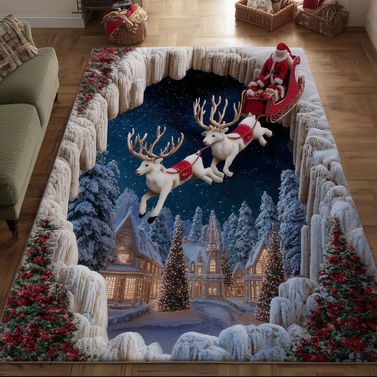 Snowy Village area rug in a living room